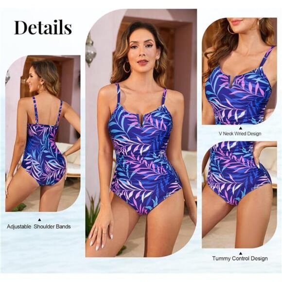 Women's Tummy Control One Piece Swimsuit V Wire Adjustable Strap Bathing Suit - Picture 2 of 6